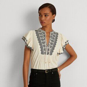 Lauren Ralph Lauren Embroidered Slub Jersey Flutter-Sleeve Top S/P